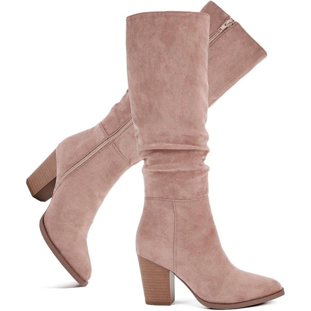 Women's Pointed Toe Knee High Faux Suede Slouch Taupe High Boots Chunky Heels